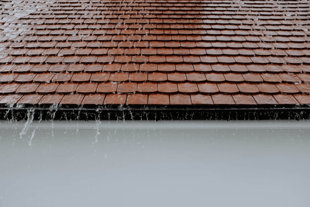close-up of a roof on a rainy day