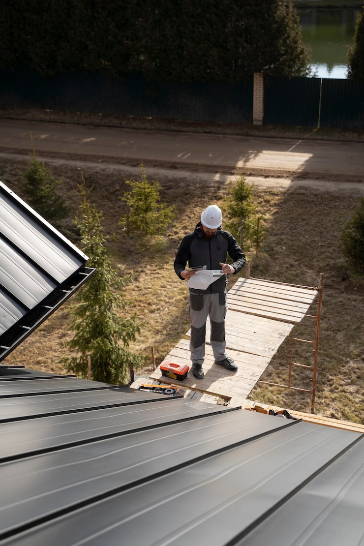 Worker inspecting metal roof
