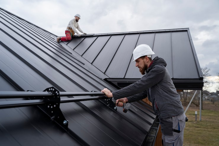 Workers installing metal roofing