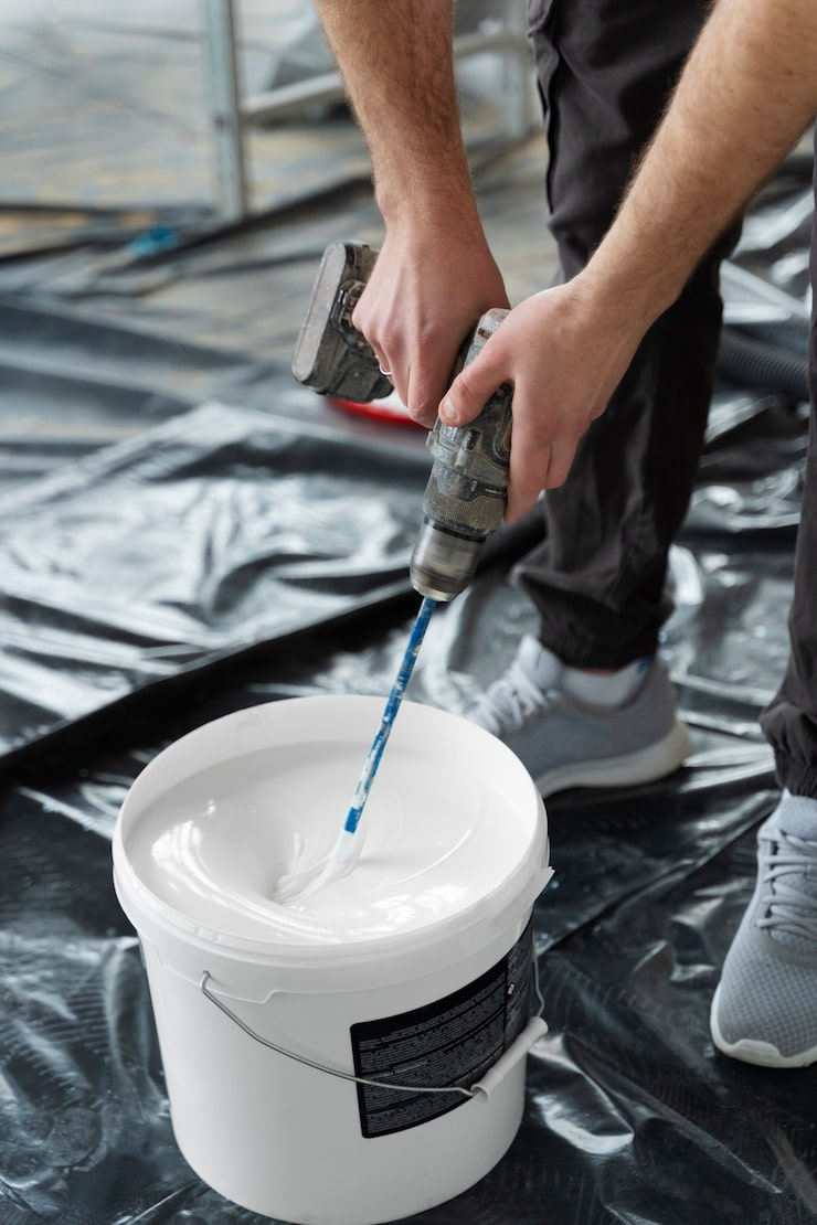 Worker mixing white coating